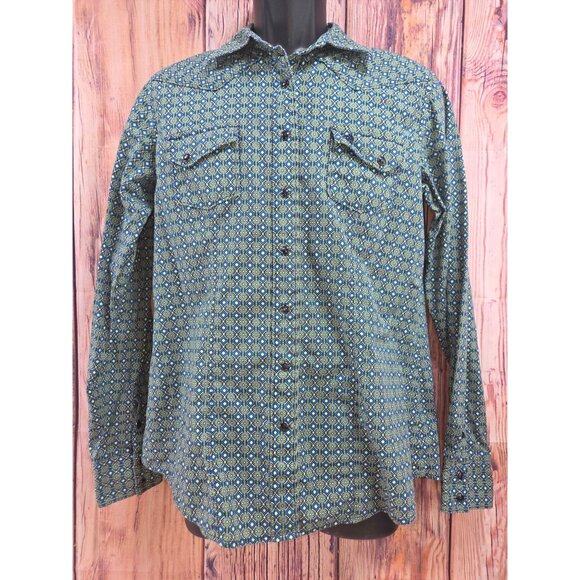 Cinch Womens Long Sleeve Button-Up Shirt Medium Blue/Green Diamond Print - Picture 1 of 7